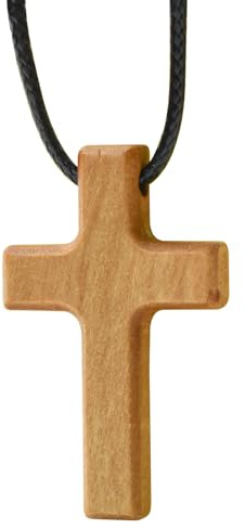 Enkrio Natural Olive Wood Cross Pendant Necklace Tapered Wooden Cross Necklace with Adjustable Leather Cord Religious Jewelry for Men Women