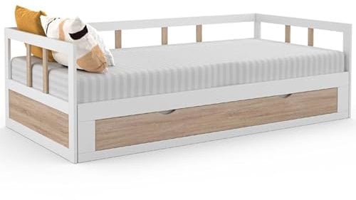 IDMarket Zoya - Cama de banco de 90 x 190 cm, Convertible, 180 x 190 cm, color blanco y haya con 1 cajón de almacenamiento