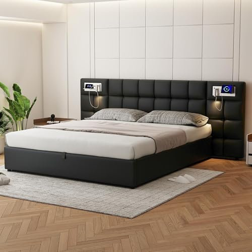 Dolamaní Polsterbett Doppelbett 180x200 cm mit Stauraum Bettkasten, Hydraulikbett mit Lattenrost und Extra groß Funktions Polster Kopfteil für Erwachsene & Jugendliche, PU (Schwarz)
