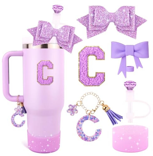 Purple Cup Accessories Set for Stanley 30OZ & 40OZ Tumbler with Handle, Letter Charms, Bow & Diamond Straw Covers, Glitter Silicone Boot, Personalized Sticker for Stanley Cup Accessories (C)