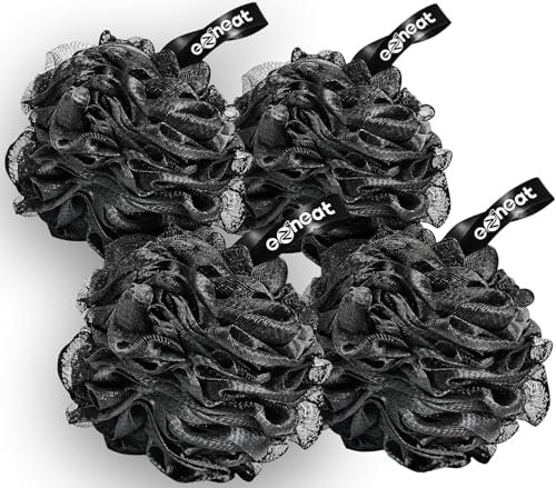 Ezneat Loofah Shower Puff 4 Pack – 70 Gram Ultra Soft Mesh Bath Sponges for Adults | Exfoliating, Scrubbing & Cleaning | Body Scrubbers for Shower – Black
