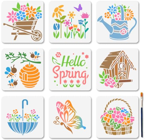 MAYJOYDIY 9 Stück Frühlingsblumen Schablonen Zum Malen 15 × 15cm Blumenkorb Regenschirm Holzhaus Blumenschablone Bienen Schmetterlings Schablonen Vorlagen Für Holz Wände Fenster DIY Heimdekoration
