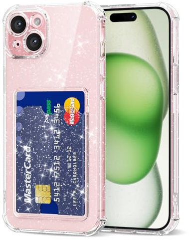 Svanove for iPhone 15 Case Wallet Clear Glitter, Transparent Card Holder Case with Credit Card Slot, Bling Sparkle Cute Girly Thin Slim Soft Rubber Protective Shockproof Bumper for Women Girl