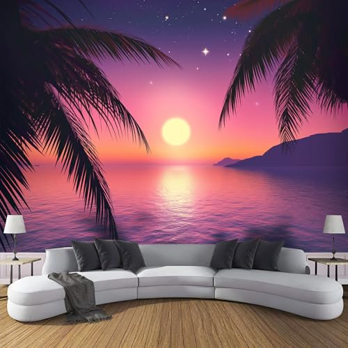 Fototapete Tapete Sonnenuntergang Am Meer Palmblätter, 396X280Cm (B×H) Foto Tapete Schlafzimmer Wohnzimmer Seidenstoff Wandtapete, Sternenhimmel Motivtapeten Bildtapete 3D Effekt Wand Dekoration