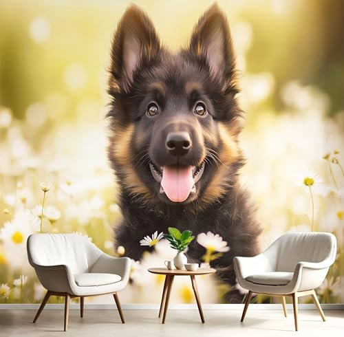 CECE&COLE Cute Animals Wallpaper 3D Embossed Wallpaper, 450×315 CM (W×H) Grass Dog Feature Wallpaper for Bedroom Adults Teenager Living Room Lounge Hallway Hall