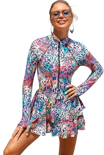 OBEEII Swim Dresses Women�s Long Sleeve Rash Guard Women One Piece Skirted Swimwear Modest Swimsuit with Skirt Printed Surf Suit Beach Wear Leopard Print L