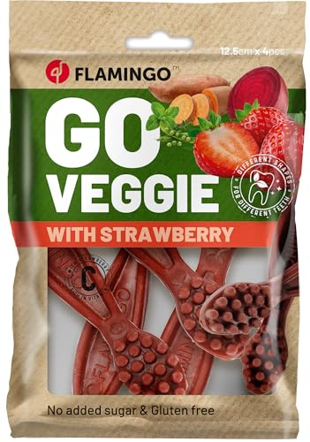 Flamingo Leckerli Hund – Veggie Zahnbürste mit Erdbeere – 160g – glutenfrei – kalorienarm – Zahnpflege Snack