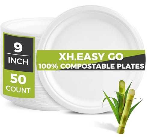 XH.Easy Go 9 Inch Paper Plates Heavy-Duty Disposable Plates Bulk [50 Pcs], 100% Compostable Plate Made of Sugarcane Fibers, Eco-Friendly Biodegradable 9 White Paper Dishes