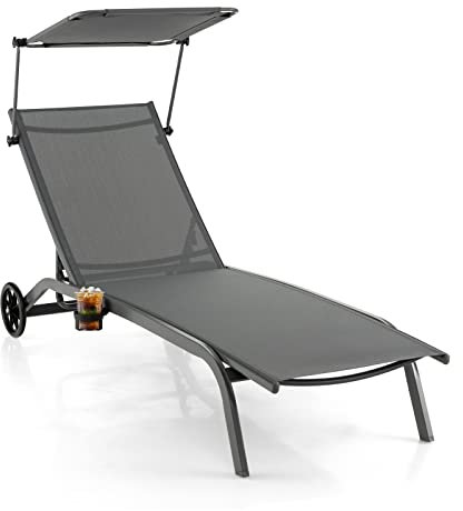 GIANTEX Sonnenliege, Gartenliege mit Rollen & Getränkehalter, Liegestuhl mit 6-Fach Verstellbarer Rückenlehne, belastbar bis 150kg, 191 x 61 cm (mit Sonnendach, Grau)