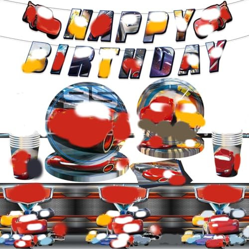 Cars Birthday Decorations 52pcs Cars Party Tableware Set,Car Party Supplies for Boys birthday,Car Tableware Decoration for Kids Includes Paper Plates Napkins Banner Tablecloths For 10 Guests