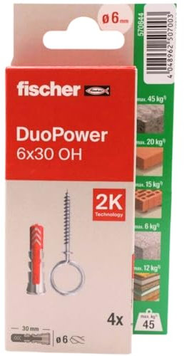 fischer - Duopower 6x30 Con Hembrilla Cerrada - 4U, Tacos para pared multimaterial, sirven para Colgar Bicicletas, Cuadros, Armarios, Soportes de Televisión, Estanterías, Muebles.
