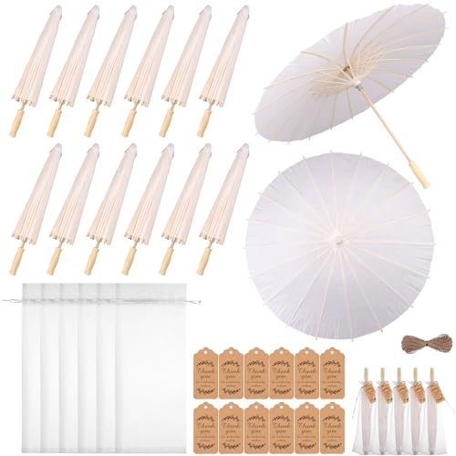 Kklolai 60cm Wedding Paper Parasol Umbrellas Set Thank You Cards White Drawstring Bag Favors Chinese Japanese Umbrella DIY Oiled Paper Painting Parasol for Photography Props Bridal Decor (12)