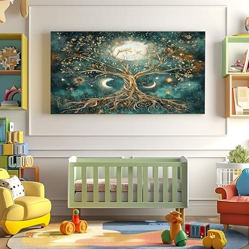 ZORYAN Mystischer Lebensbaum Wandbilder Dekoration Wohnzimmer Leinwand Bilder 60x120cm mit RahmenGrün Leinwandbild Schlafzimmer Deko, Wandbilder, Groß Kunstdruck Art Wanddeko Bild Decor Canvas