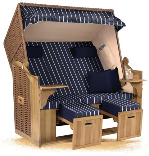 Strandkorb Hanse Ostsee XXL 2,5 Sitzer Volllieger Natur Beige 150cm breit, ideal für Garten, Terrasse und Balkon (Blau Weiß Nadelstreifen, Montiert)