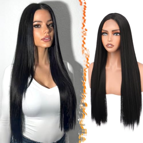 BARSDAR Lange Gerade Schwarz Perücke, Lange Gerade Mittelscheitel Perücke für Damen 71cm Haarperücken Natürliche Aussehend Synthetische Haar Wigs Spitzenfront Perücken Party Cosplay Verwenden