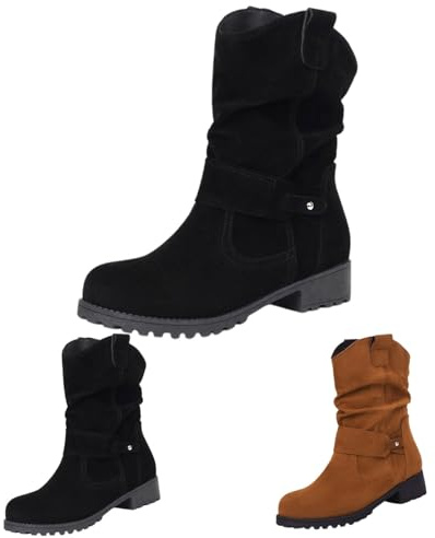 Lanunlly Botines Mujer Altas Botas Media Caña Originales Fiesta Boots Pantorrilla Militares Vintage Bota Tacón Bajo Caña Ancha Zapatos Comodos Moda Botin Sin Cordones para Invierno Otoño Primavera