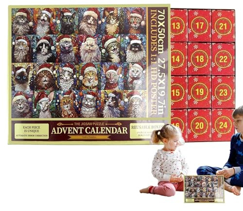 Adventskalender Puzzle Weihnachtstiere 24 Tage – Katzen-Puzzle für Jungen und Mädchen, als Weihnachtsgeschenk für Mädchen und Jungen