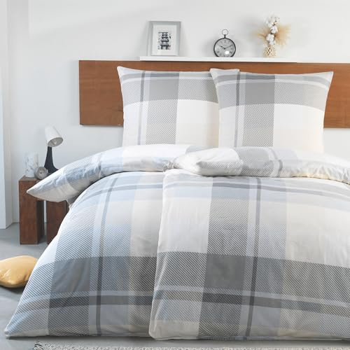 BaSaTex Biber Flanell Bettwäsche, 4tlg, 135x200 cm, Karo Beige | 100% Baumwolle, Biber Flanell Qualität, Weich, Wärmend, Reißverschluss, Öko_Tex Standard