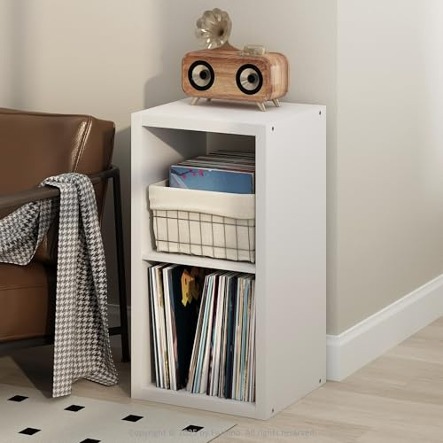 Furinno Cubicle Plattenspieler Regal mit Vinyl Aufbewahrung, 2-Würfel 1.2 Extra Dicke Vinyl Aufbewahrung, Offen Rückseitiges Medienregal für CD DVD Blueray Spiel Discs, für Wohnzimmer, Weiß