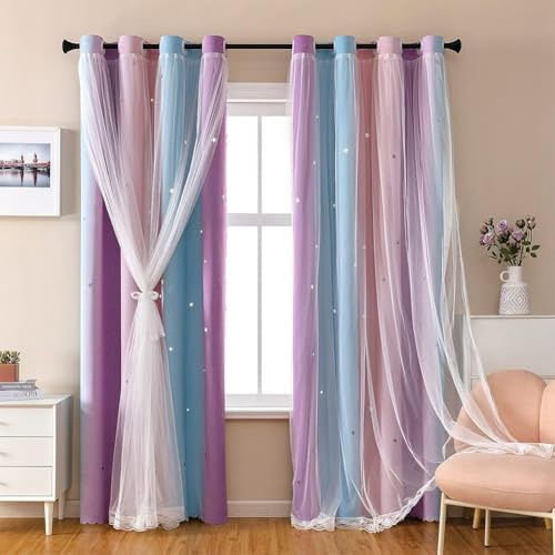 Dreamy Regenbogen-Stern-Vorhänge für Mädchenzimmer, Farbverlauf, Prinzessinnen-Fensterbehandlung, ideal für Lichtblockierung und Raumdekoration (blau, lila, rosa)