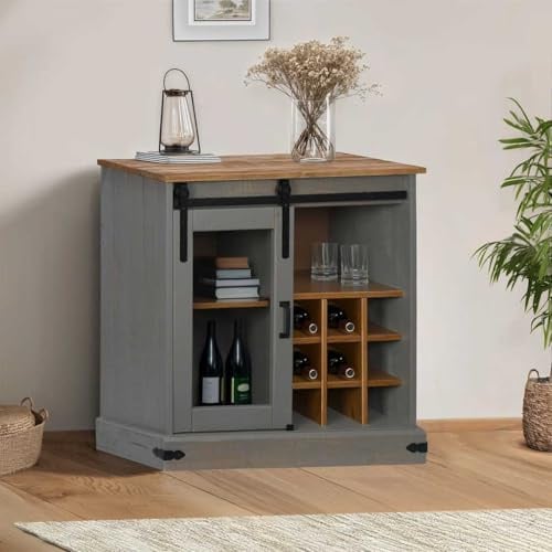 Kaloriko Halden Credenza grigia, 80 x 40 x 80 cm, legno massello di pino con porta scorrevole, spazio di archiviazione, portabottiglie per soggiorno, corridoio, cucina