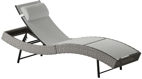 Outsunny Poly Rattan Sonnenliege S-förmige Gartenliege Outdoor Hellgrau | 5-fach Verstellbare Rückenlehne, Kopfstütze, Atmungsaktive, UV-beständige, Relaxliege, Rattan Liege, für Garten Pool