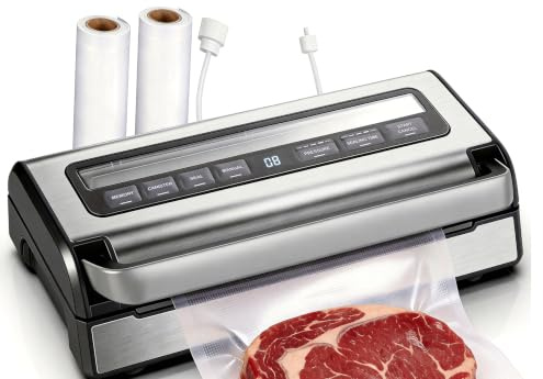 AAOBOSI 180W Vakuumiergerät für Lebensmittel,12 L/Min,Speicherfunktion | Mit individuell einstellbarer Zeit und Druck,Cutter & Beutelbox,2 Folienrollen & Schlauch,für Sous Vide,Gefrieren & Meal Prep
