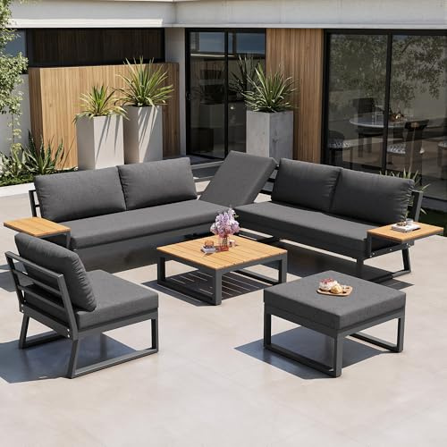 L-Form Lounge Sofa Outdoor Set für 7 Personen | Holzarmlehnen & feuerverzinktes Eisengestell | Gartenmöbel Set Mit Holztisch, Sessel & Hocker | Outdoor Möbel Mit Polstern | Grau