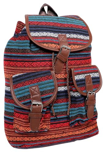 MUCKLILY Paquet à Dos Vintage Ethnique en Toile pour Femme, Grosse Capacité Ajustable, Style Rétro Unique, pour L'école Voyage, Forme Seau Pratique