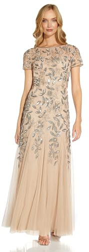Adrianna Papell Short-Sleeve Floral Beaded Godet Gown Robe, Beige (Taupe/Pink), FR: 42 (Taille Fabricant: Size 14) Femme