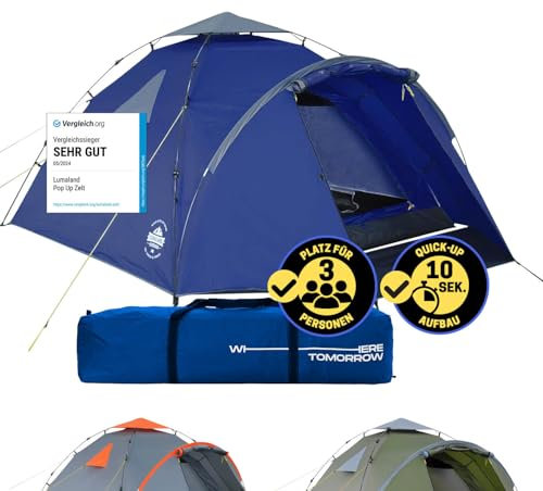 Lumaland Pop Up Zelt | 3-4 Personen Familienzelt | Wurfzelt Innenmaße 210x210x120 cm | Wasserdicht & Windfest | Ideal als Camping, Festival & Reise Zelt | Ultraleicht & Robust [Blau]