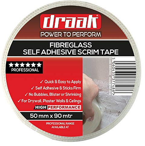 DRAAK Scrim Tape 50mm x 90mtr Long Plasterboard Mesh Joint Scrim Drywall Fibre Glass Self Adhesive, Wall Hole Or Crack Repair (50mm)