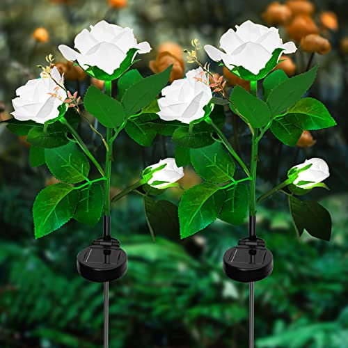 ZVO Solarlampen für Außen Garten, 2 Stück Solarleuchten Garten Deko mit 6 LED Rose Blume Lichter, Solar Wegeleuchten Außen Gartenleuchte Lampen für Outdoor Rasen Feld Weg Terrasse(Weiß)