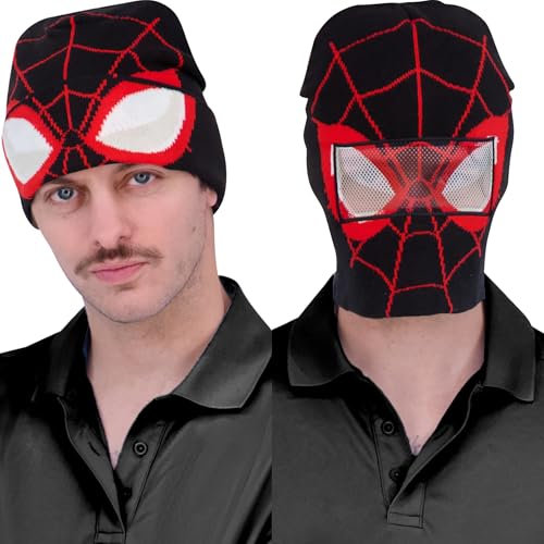 Concept One Unisex-Erwachsene Marvel Spider-Man Miles Morales Roll Down Cuff Strickmütze Winter Skull Cap Beanie-Mütze, Schwarz/Rot, Einheitsgröße
