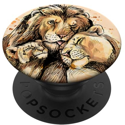 cute lovely lion family Bunte Löwe-Familie, buntes Löwe-Handy-Zubehör. PopSockets Klebender PopGrip für Smartphones mit hartem Plastikgehäuse in Schwarz