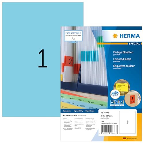 HERMA 4403 Farbige Etiketten blau, 1400 Blatt, 210 x 297 mm, 1 pro A4 Bogen, 1400 Stück, selbstklebend, bedruckbar, matt, blanko Papier Farbetiketten Aufkleber