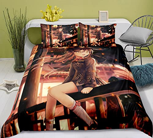 Totots Anime Bettbezug Hu Tao, Polyesterfaser Bettwäsche Genshin Impact, Heimtextilien 3-teiliges Set Liyue, Digitaldruck Bettbezug, Set, hautfreundlich und weich, EU-Single 135x200cm