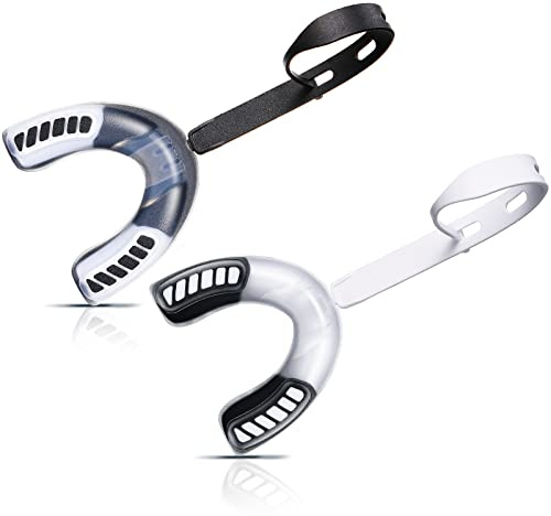 Konohan 2 Pack Youth Football Mouth Guard with Strap and Case for Kids and Adult Soft Sports Mouthpiece Double Colored Braces Mouthguard for Ice Hockey Lacrosse Basketball(White, Black)