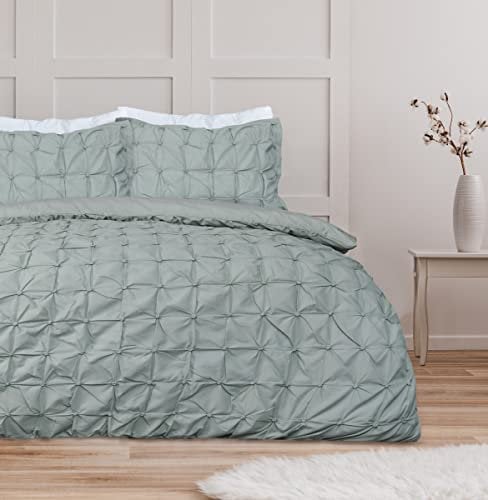 Sleepdown – Parure de lit plissée avec Housse de Couette et taies d'oreiller - King Size - Vert Sauge (230 x 220 cm)
