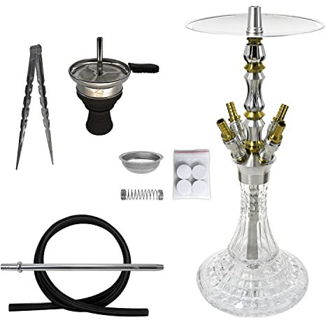 Skynet® 716 Bellagio Edelstahl Shisha | Komplettset | 45 cm | 4 Schlauchanschlüsse | Kristallbowl | viel Zubehör