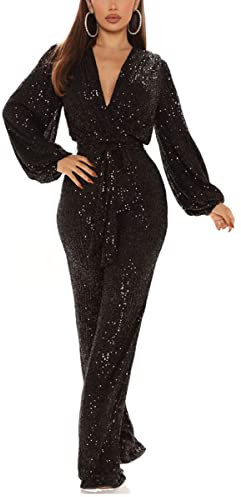Skrsila Damen Jumpsuit Glitzer Elegant Langarm V-Ausschnitt Lang Overall Pailletten Hosenanzug Playsuit mit Gürtel Romper