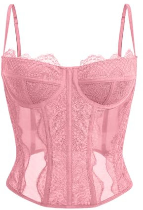 Dealmore Corset pour femme en dentelle et maille avec bretelles spaghetti, haut pour rendez-vous/fête/club/nuit, rose, X-Small