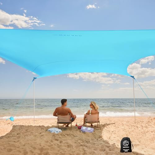 WEKAPO Strandzelt, Sonnenschutz, einfach aufzubauen, Strandüberdachung mit 4 stabilen Stangen, großen Sandsäcken und Schaufel, 1,8 m hoch, winddichter Sonnenschutz für Garten und Camping, UPF 50+