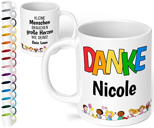 Kita Abschiedsgeschenk für Erzieherin: Kaffee-Tasse personalisiert mit Namen „Danke WUNSCHNAME – Kleine Menschen brauchen große Herzen wie Deins!“ - Dankeschön Kindergarten Krippe (Weiß)