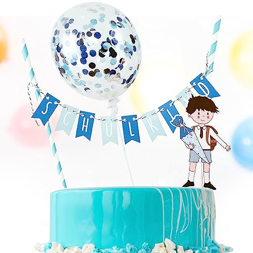 COLOFALLA Tortendeko Einschulung Junge Blau Cake Topper Schulkind Luftballon+Girlande Schulanfang Cupcake Torten Topper Schuleinführung Party Deko Kuchendeko für Junge Mädchen (Blau)