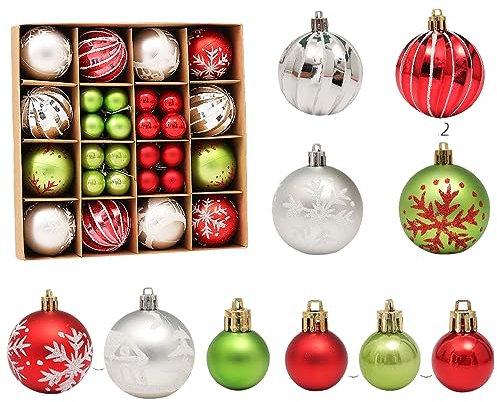 ZAKHSE Weihnachtskugeln, 44 Stück Christbaumkugeln, 3/6cm Schneeflocke Bedruckte Weihnachtskugeln Ornament für Weihnachtsbaum, Bruchsichere Weihnachtsbaumkugeln Weihnachtsbaumschmuck-Rot/Silber/Grün