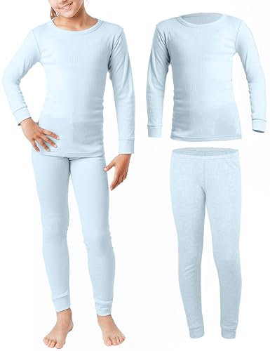 OCERA Winter Thermowäsche-Set für Kinder, aus Baumwolle für Schnee, Ski, Snowboard, Schlitten Wandern oder zuhause, warme angeraute Innenseite, hellblau 134-140