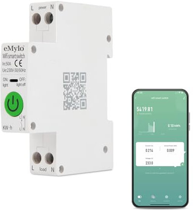 eMylo Smart disjoncteur, compteur de surveillance de l'énergie wifi AC 220V 50A 1p Din Rail switch compteur de surveillance de la consommation d'énergie,support alexa, Tuya Smart life app télécommande