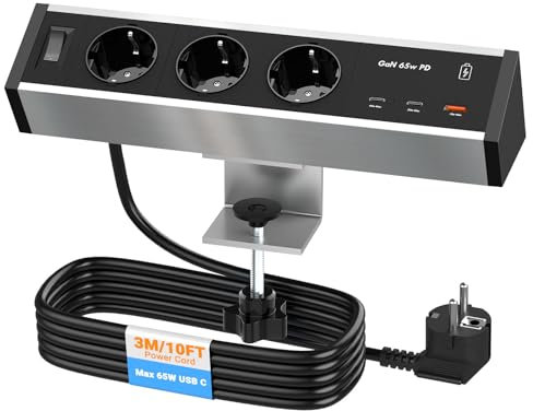 Tischsteckdose mit USB C 65W Ohuo 3 Fach Steckdosenleiste Schreibtisch mit Schalter, Aluminium Tischsteckdose 2 USB C und USB-A Anschlüssen, 3m Kabel