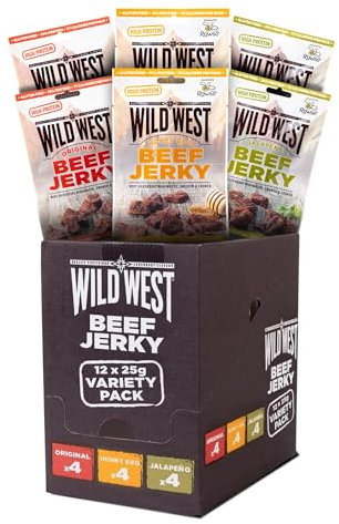 Wild West Beef Jerky - Variety Pack 12 x 25g (4 x Original, 4 x Honey BBQ, 4 x Jalapeno) Perfect Post Gym Meat Snack